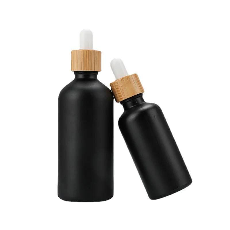 Frosted Black Glass Bottle Cosmetics Bamboo Dropper