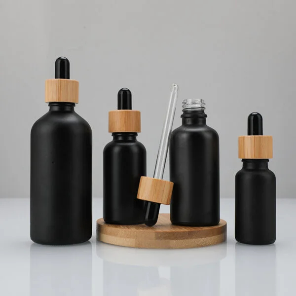 Frosted Black Glass Bottle Cosmetics Bamboo Dropper - Image 2