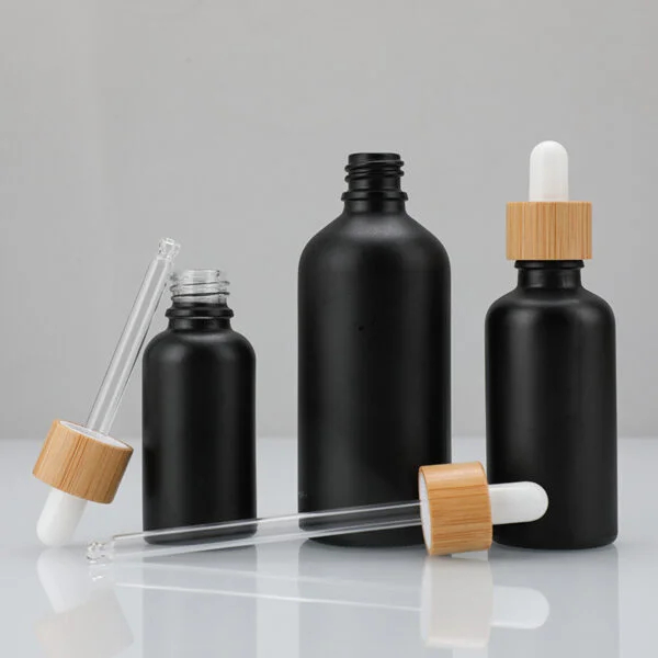 Frosted Black Glass Bottle Cosmetics Bamboo Dropper - Image 3