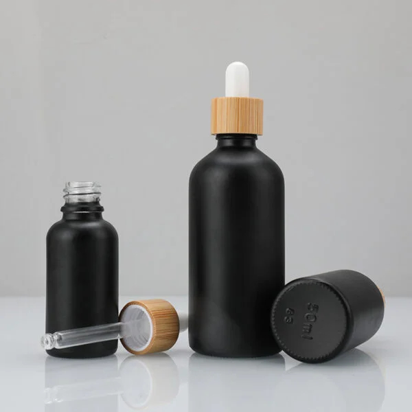 Frosted Black Glass Bottle Cosmetics Bamboo Dropper - Image 4